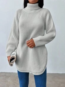 EURMUSE Women's High Neck Raglan Long Sleeve Sweater - Light Grey - View 4