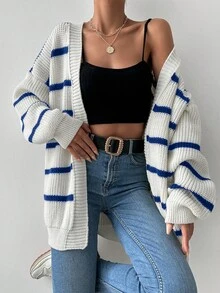 EURMUSE Ladies' Casual Colorblock Striped Cardigan, Autumn - Royal Blue - View 6