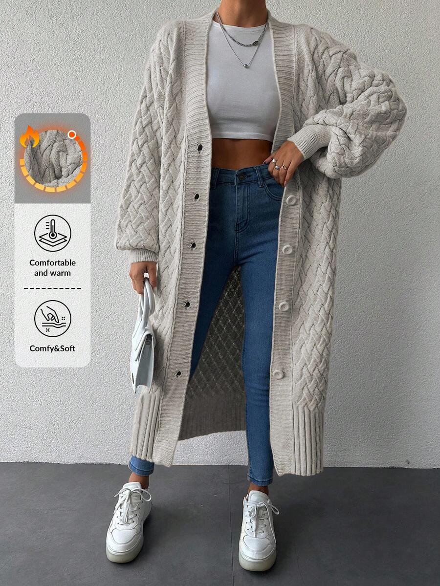 EURMUSE 女式休闲纯色落肩长袖单排扣开衫，秋冬季 - 米色 - 查看 1