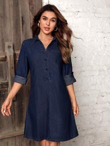 EMERY ROSE Women's Fashion Solid Color Front Button Casual Denim Dress - Dark Wash - View 4