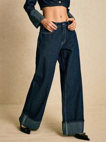 Poéselle 女士通勤时尚条纹阔腿牛仔裤，低腰宽松牛仔裤，新年卷边牛仔裤，冬季款 - 深色水洗藍 - 查看 4