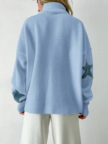 EURMUSE Women's High Neck Sweater With Star Pattern - Baby Blue - View 2