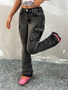 Coolane Tween 女童秋冬实用口袋褶皱修身休闲工装牛仔裤 - 黑色 - 查看 3