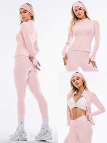 GLOWMODE FeatherFit™-Warm Slim-It It's Chilly Fleece-Lined Slim Fit Long Sleeve Jacket With Thumbholes Autumn Winter Yoga Daily Casual - Baby Pink - View 9