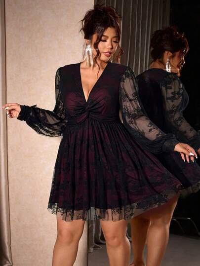 Cravure Vestido de fiesta de talla grande para mujer con cintura fruncida, forro de encaje y contraste de color, para otoño/invierno