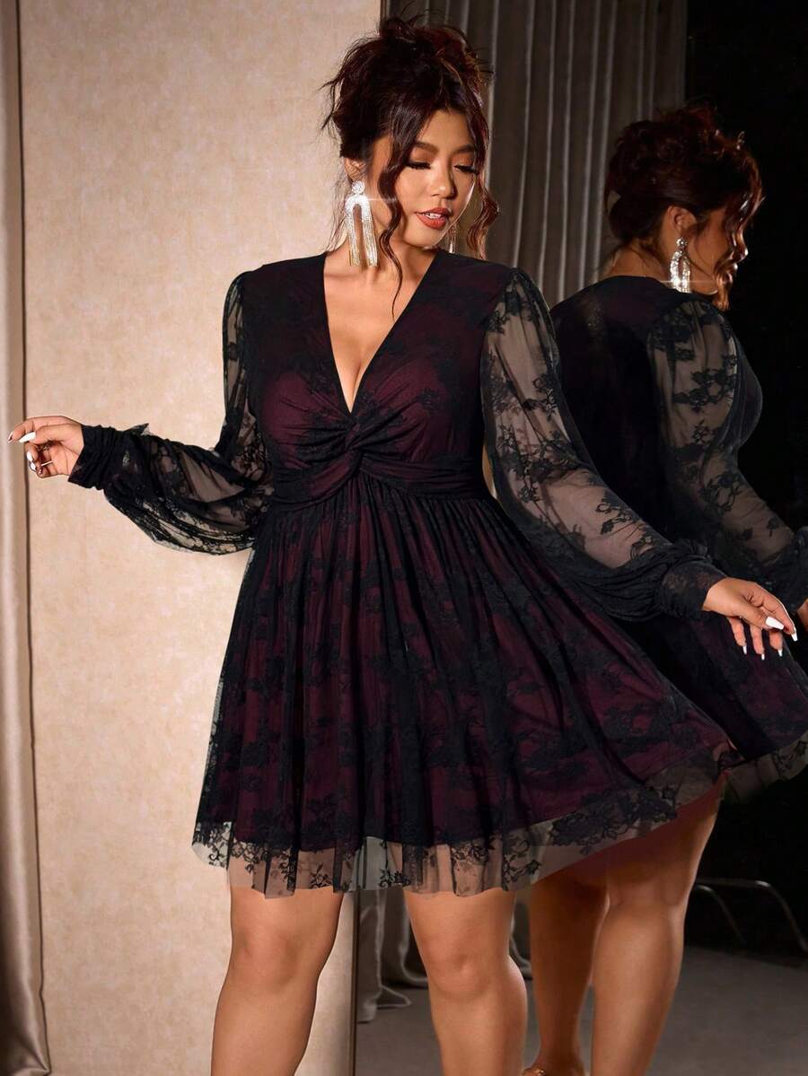 Cravure 大码女式扭腰A字形蕾丝衬里撞色派对连衣裙，秋冬 - 黑色 - 查看 1