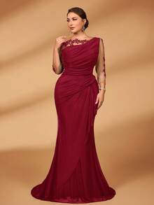 Serin Đầm dạ hội dáng đuôi cá sang trọng, thanh lịch, cỡ lớn, chất liệu ren thêu, xuyên thấu, tay dài, co giãn, lưới dệt kim, xếp ly, thích hợp cho đám cưới, tiệc tùng, kỳ nghỉ, dạ hội, váy dành cho mẹ cô dâu, ngày Valentine. - Màu Đỏ Sâu - Xem 5