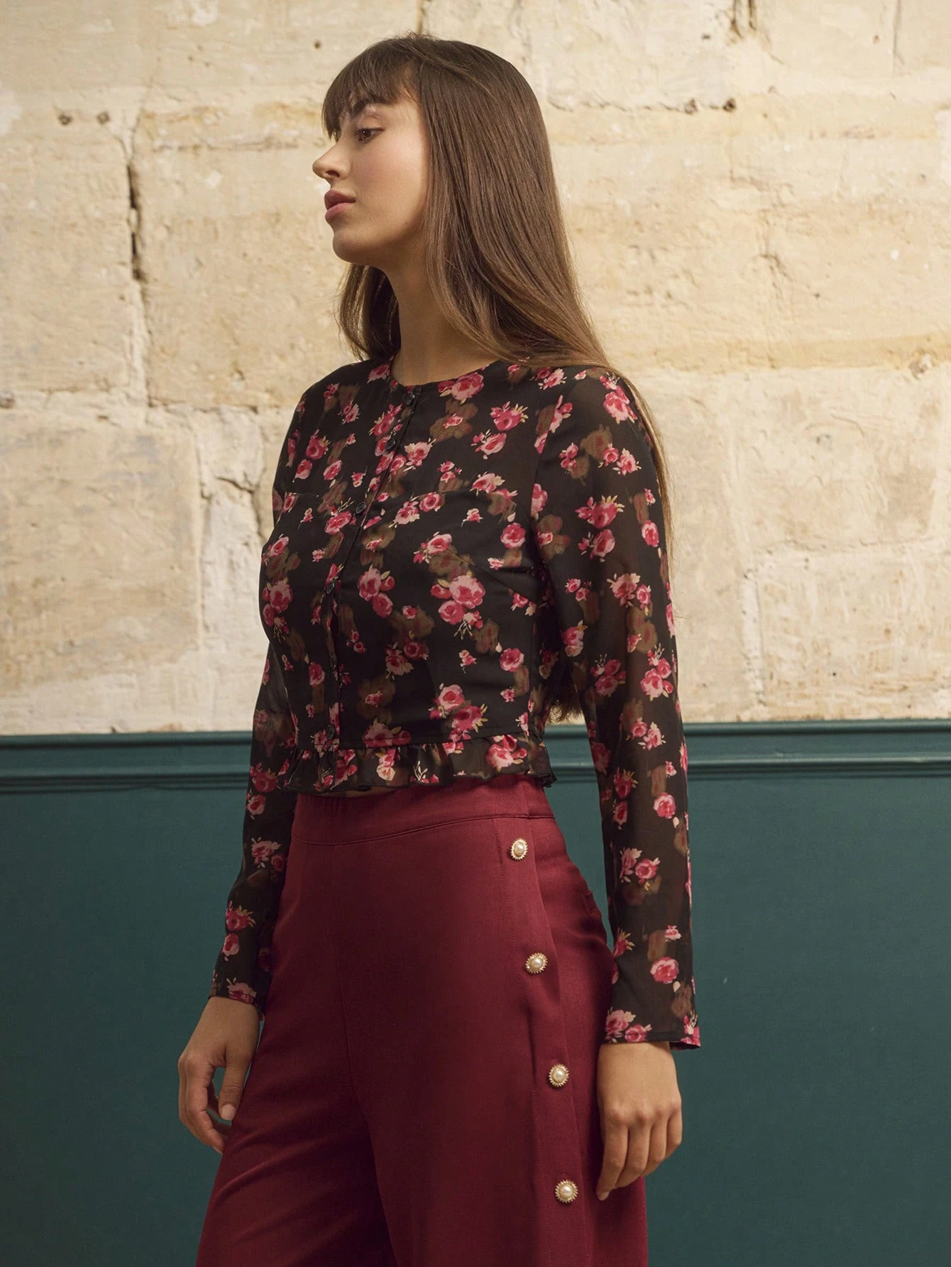 Top Vintage de Manga Longa com Estampa Floral Rosa, Bainha Peplum Babada, Estilo Outono Inverno
