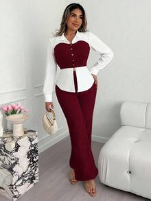 Xyvia Conjunto de 2 peças de blusa de manga comprida e calça larga feminina madura inteligente, cor damasco e branco, com patchwork de tecido AB, gola virada para baixo, blusa justa na cintura, calça larga canelada, adequada para escritório, campus, negócios, viagens, uso casual no outono, inverno, primavera - Borgonha - Ver 8
