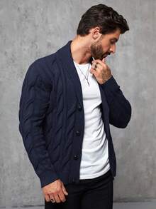 Manfinity Mode Men's Casual Solid Color Cable Knit Shawl Collar Long Sleeve Cardigan, Autumn/Winter Blue Cardigan - Blue - View 5