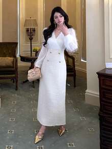 DAZY 女式交叉裹身长袖修身连衣裙，优雅时尚的舞会礼服 - 白色 - 查看 3