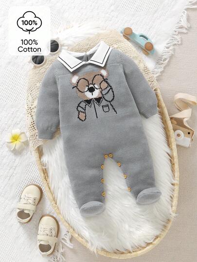 SHEIN Newborn Comfortable Casual Gentleman Style Peter Pan Collar Romper, Adorable Bear Jacquard Design, Baby Knit Sweater Outerwear, Cute & Soft, Suitable For Crawling And Daily Wear Baby Casual Zipper Romper New Born Baby Boy Suit Warm Jumpsuit For Baby Boy Neutral Baby Clothes Unisex Newborn Baby Boy Suit Neutral Baby Clothes Unisex 2026 Baby Boy Knitted Romper Baby Boy Sweater Romper Fall Baby Boy Sweater Baby Casual Romper New Born Baby Accessories Neutral Baby Clothes Unisex Baby Boy Knit Romper Baby Knit Jumpsuit