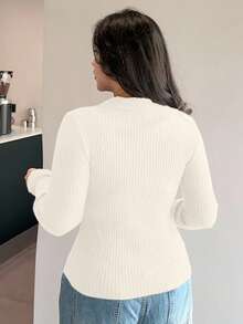 Dazy Plus Solid Color V-Neck Elastic Fitted Long Sleeve Burgundy Pullover Sweater - Beige - View 2