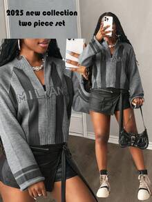 Slaydiva Cárdigan holgado y versátil con bloque de color y letras jacquard, estilo casual para mujer, otoño/invierno - Gris - Ver 1