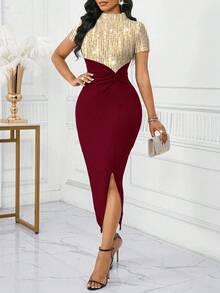 SHEIN Lady 女士时尚派对拼色扭结紧身连衣裙 - 酒紅色 - 查看 7