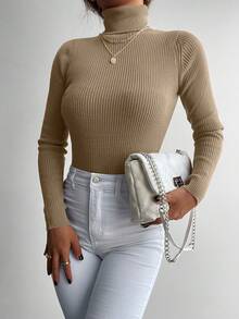 EURMUSE Áo len cổ lọ dài tay màu trơn cho nữ, thời trang cho mùa xuân và mùa thu - Màu be - Xem 6