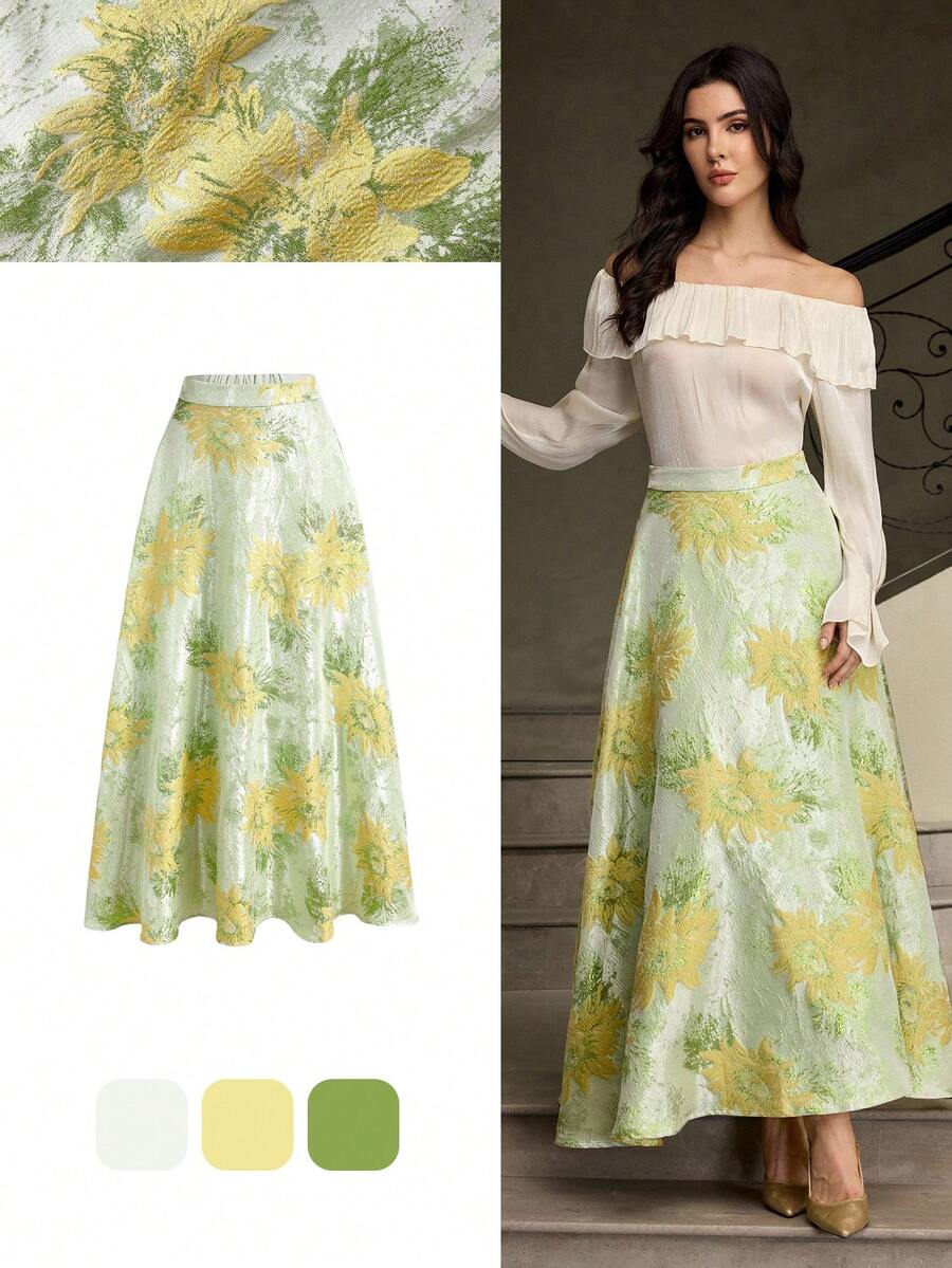 ZEYLAH Elegant Floral Jacquard A-Line Midi Skirt For Women - Green - View 1