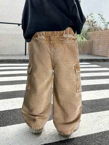 SHEIN Little Byeori 男童做旧街头酷炫卡其色牛仔抽绳腰宽松工装牛仔裤，休闲百搭，适合秋冬日常穿着和街头潮流，也适合万圣节、圣诞节、新年、感恩节等场合。 - 卡其色 - 查看 2