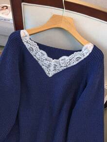 EMERY ROSE 全新优雅蕾丝边 V 领柔软百搭大码女式针织毛衣上衣 - 藏蓝色 - 查看 6