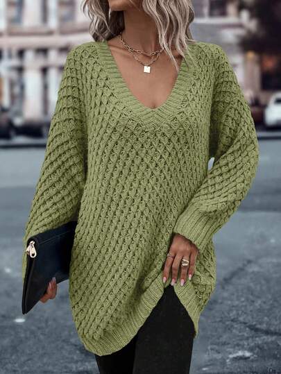 EMERY ROSE Casual Solid Color Drop Shoulder Loose Knit Sweater, Autumn/Winter