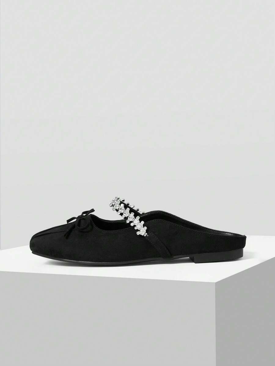 MOTF VINTAGE COMFORTABLE CASUAL RHINESTONE DETAIL BOW DECOR FLAT SHOES SPRING SHOES - Black - View 2