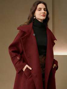 Anewsta Women's High-End Elegant Stand Collar Loose Mid-Length Burgundy Overcoat,Autumn Elegant Office Luxury Formal Chic Dark Coat For Christmas New Year - Burgundy - View 5