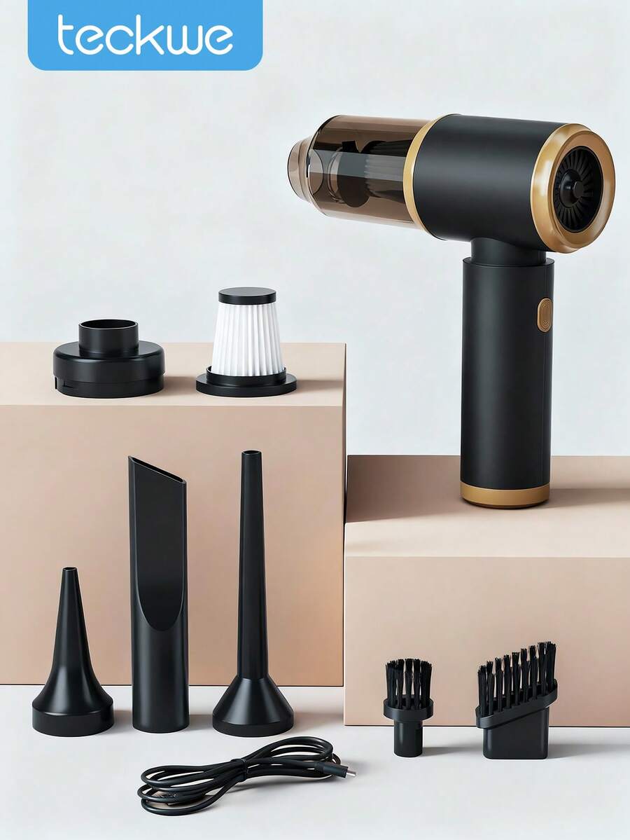 Este set de regalo del aspirador de coche incluye un aspirador de 6000 PA y 7 accesorios. Este poderoso aspirador inalámbrico es adecuado para coches y hogares, con una fuerte succión y funciones de protección, batería potente y alta potencia de succión