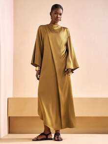 Zivah 2025秋冬新款优雅通勤宽松芥末黄不对称披肩长裙，适合商务休闲女性、派对、日常出行、万圣节、圣诞节、夜间外出、婚礼宾客礼服、生日礼服、早午餐装扮、日常出行 -A - 芥末黃 - 查看 7