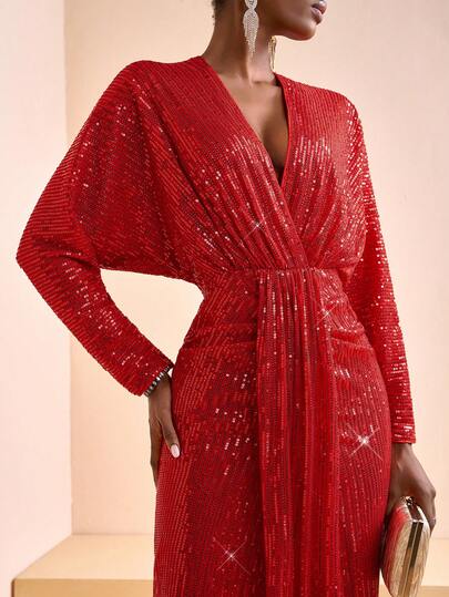 Zivah Ny höst- och vinter elegant fest, daglig dejt, födelsedagsfest, sexig exklusiv fest, nattklubbsstil, bröllopsklänning, musikfestival karnevalssäsong bröllopsgäst formell klänning, brudklänning, djup v-ringning, enaxlad ärm, fladdermusärm, långärmad, fram- och mittficka, figurnära klänning, fiskbensklänning, superlång klänning, röd paljett- och pärlklänning, lång damklänning -A