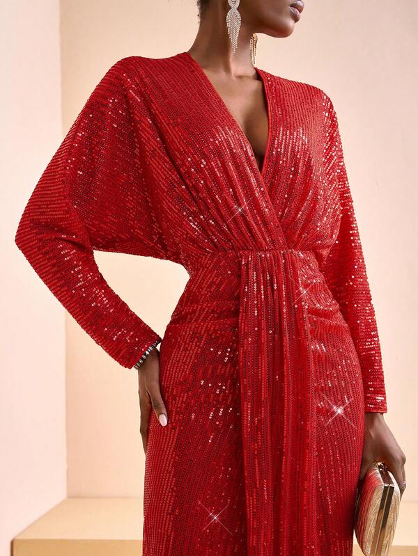 Zivah New Autumn And Winter Elegant Party, Daily Date, Birthday Party, Sexy High-End Party, Nightclub Style, Wedding Season Guest Dress, Music Festival Carnival Season Wedding Guest Formal Dress, Bride Dress, Deep V-Neck, One-Shoulder Sleeve, Bat Sleeve, Long Sleeve, Front And Middle Pocket, Form-Fitting Dress, Fishtail Dress, Super Long Dress, Red Sequined And Beaded Dress, Women's Long Dress -A Red Dress For Women Luxury Evening Dresses For Women Sequin Dress For Women Sparkly Dress,Christmas