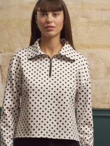 lacRébo White Polka Dot Zip Up Sweatshirt, Long Sleeve Polka Dot Top Going Out Chic Fitness Sweatshirt Spring Summer Cosy - Black and White - View 5