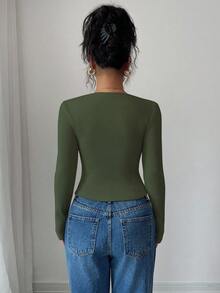 Selianne Autumn/Winter New Solid Color Brushed Ribbed Oblique Collar Pleated Long Sleeve T-Shirt, Slim Fit Casual Top - Army Green - View 2