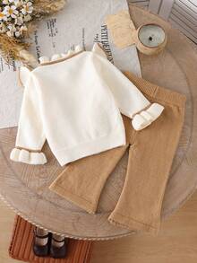 Quần ống loe đơn giản thiết kế nơ nhún bèo cho bé gái, dễ thương & thanh lịch, mềm mại & thoải mái, giản dị & đa năng, thích hợp cho các buổi đi chơi mùa thu, dã ngoại giữa cha mẹ và con cái, vui chơi ngoài trời, Halloween, tiệc Giáng sinh, mua sắm, kết hợp với áo len, mùa thu/đông - Lạc đà - Xem 2