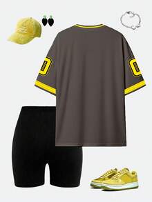 SHEIN 休闲女式针织两件套，带条纹撞色滚边和骑行短裤，女式运动服，2 件套休闲套装，女式超大号运动服，女式足球服，女式运动服 - 彩色 - 查看 2