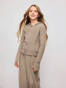 SHEIN Set de haine cu glugă camel pentru fete, sport, casual, din două piese, hanorac cu mânecă lungă și pantaloni de trening, trening pentru școală, alergare, haine moi și calde din fleece