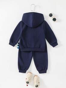 Cozy Pixies 2pcs Baby Boy Cartoon Dinosaur Print Hooded Long Sleeve Sweatshirt And Elastic Waist Jogger Pants Set - Navy Blue - View 2