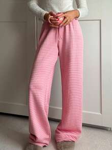 CovetEZ Women's Autumn And Winter Thick Warm Sweatshirt Knitted Pink Trousers Plaid Texture Solid Pink Waffle Casual Sports Pants, Autumn And Winter Christmas Pink Trousers Sweet Trousers Waffle Clean Girl Trousers - Pink - View 7