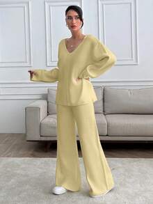SHEIN Tall Tall Women V-Neck Oversize Sweater And Knit Pant Set - Beige - View 6