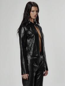 MUSERA Áo khoác da giả cổ cao, khóa kéo, thắt eo kiểu biker, áo thun phối sẵn, phong cách đường phố mùa đông, cá tính, dạo phố đêm, thường ngày, gợi cảm, màu đen huyền bí. - màu đen - Xem 5