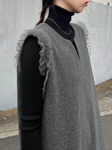 FRIFUL 女式纯色V领无袖荷叶边下摆宽松优雅连衣裙 - 灰色 - 查看 1