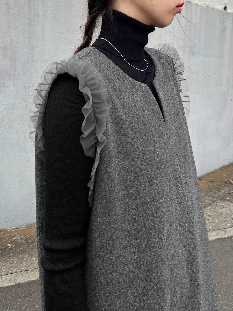 FRIFUL 女式纯色V领无袖荷叶边下摆宽松优雅连衣裙 - 灰色 - 查看 1