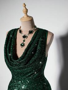 Viva Relle Plus Size Women Sleeveless Draped Neck Glitter Dress, Elegant For Holiday Party Clothes, Green For Christmas Maxi Sequin Women Outfi - Green - View 6