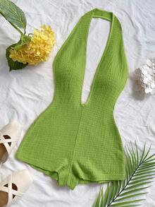 Soleia 女士度假白色针织纹理波浪图案深 V 领露背性感紧身衣，时尚合身，适合派对、约会、下午茶、波西米亚风度假、海滩、夏季服装 - 薄荷綠 - 查看 3