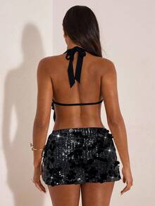 Opulessa Women's Fashionable Sexy Beaded Backless Halter Top, Black Sexy Club Outfits, Halloween Costume, Christmas Party Clothes, New Year Look, Thanksgiving Outfits - Black - View 2