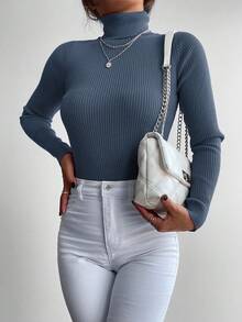 EURMUSE Women's Basic Casual Solid Color Ribbed Turtleneck Sweater - Dusty Blue - View 6