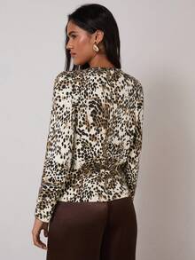 COSMINA Women's Leopard Print Round Neck Long Sleeve Casual Thin Cardigan Animal Cheetah Top,Brown And White Polka Dot,Autumn,Elegant,Everyday - Multicolor - View 3