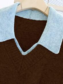 Franclia V-Neck 2 In 1 Long Sleeve Sweater, Autumn/Winter - Chocolate Brown - View 3