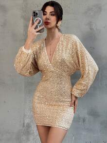 Firerie Women's Elegant Gold 70's Vintage Sparkly Beaded V-Neck Bodycon Mini Dress,Autumn Long Sleeve Party Banquet Wedding Guest Dress - Gold - View 2