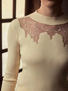 ZEYLAH Lace Embroidered Patchwork Knit Base Layer Top, Autumn/Winter - White - View 8