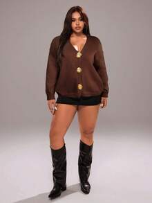 Rustia Plus Size Cardigans, Loose Fit, Shell Metal Button Decor, Solid Color CASUAL - Brown - View 7